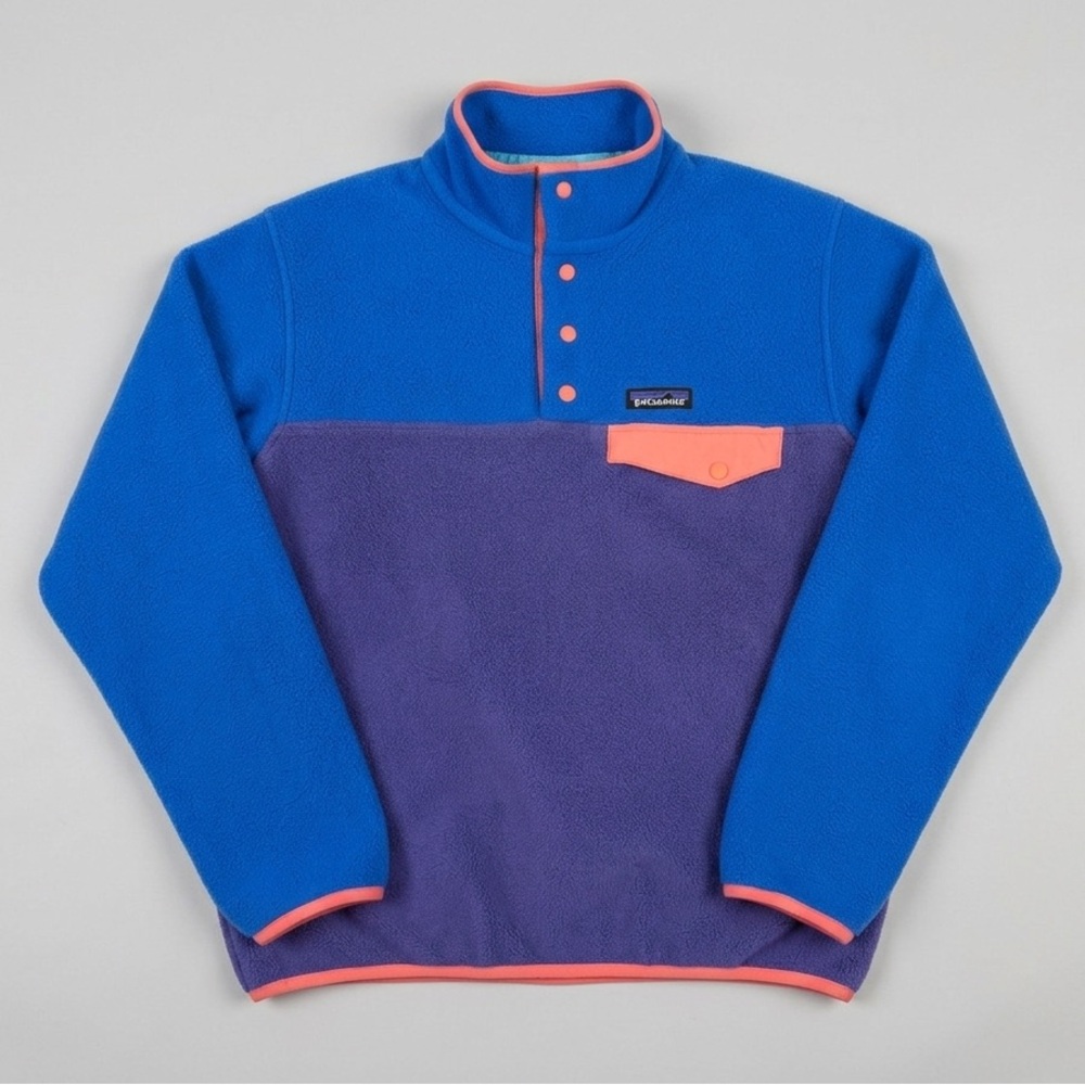Patagonia Snap-T Fleece Synchilla Pullover in Bright Blue with Coral Accents XS